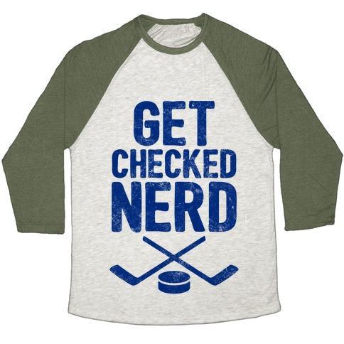 Virgin Teez  Baseball Tee Unisex Tri-Blend Baseball Tee / small / Oatmeal / Moss GET CHECKED NERD UNISEX TRI-BLEND BASEBALL TEE