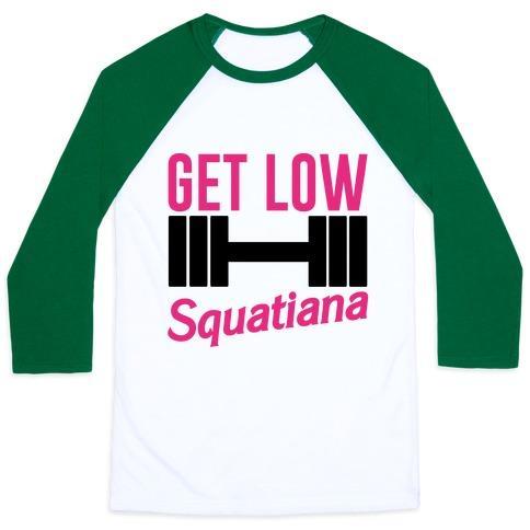 Virgin Teez  Baseball Tee Unisex Classic Baseball Tee / x-small / White/Dark Green GET LOW SQUATIANA PARODY UNISEX CLASSIC BASEBALL TEE