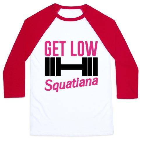 Virgin Teez  Baseball Tee Unisex Classic Baseball Tee / x-small / White/Red GET LOW SQUATIANA PARODY UNISEX CLASSIC BASEBALL TEE