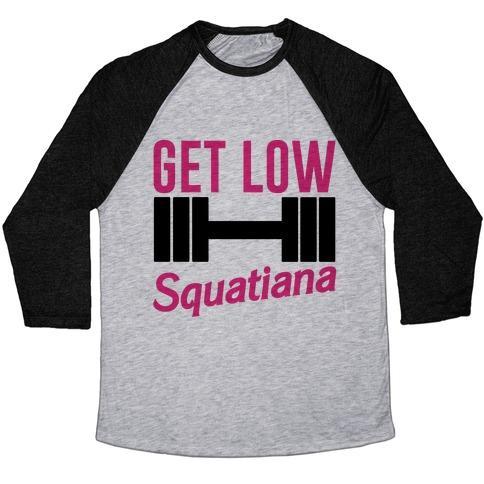 Virgin Teez  Baseball Tee Unisex Tri-Blend Baseball Tee / small / Athletic Gray / Black GET LOW SQUATIANA PARODY UNISEX TRI-BLEND BASEBALL TEE
