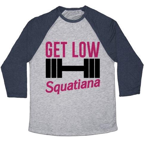 Virgin Teez  Baseball Tee Unisex Tri-Blend Baseball Tee / small / Athletic Gray / Navy GET LOW SQUATIANA PARODY UNISEX TRI-BLEND BASEBALL TEE