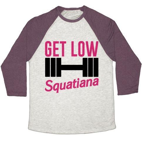 Virgin Teez  Baseball Tee Unisex Tri-Blend Baseball Tee / small / Oatmeal / Maroon GET LOW SQUATIANA PARODY UNISEX TRI-BLEND BASEBALL TEE