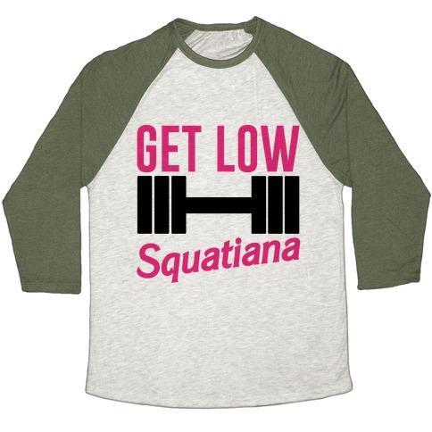 Virgin Teez  Baseball Tee Unisex Tri-Blend Baseball Tee / small / Oatmeal / Moss GET LOW SQUATIANA PARODY UNISEX TRI-BLEND BASEBALL TEE