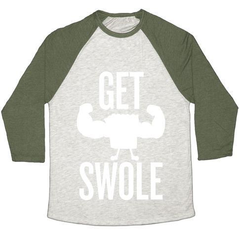 Virgin Teez  Baseball Tee Unisex Tri-Blend Baseball Tee / small / Oatmeal / Moss GET SWOLE UNISEX TRI-BLEND BASEBALL TEE