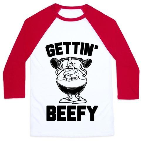 Virgin Teez  Baseball Tee Unisex Classic Baseball Tee / x-small / White/Red GETTIN' BEEFY UNISEX CLASSIC BASEBALL TEE