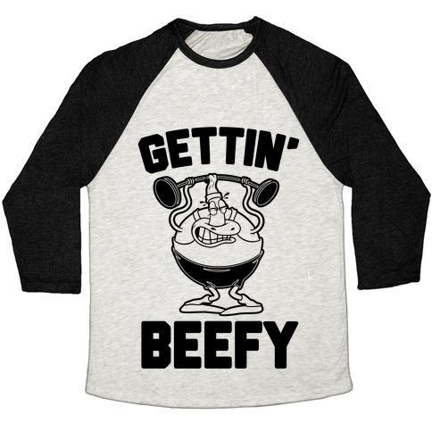 Virgin Teez  Baseball Tee Unisex Tri-Blend Baseball Tee / small / Oatmeal / Black GETTIN' BEEFY UNISEX TRI-BLEND BASEBALL TEE