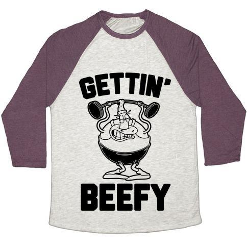 Virgin Teez  Baseball Tee Unisex Tri-Blend Baseball Tee / small / Oatmeal / Maroon GETTIN' BEEFY UNISEX TRI-BLEND BASEBALL TEE