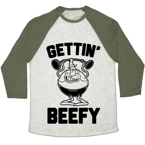 Virgin Teez  Baseball Tee Unisex Tri-Blend Baseball Tee / small / Oatmeal / Moss GETTIN' BEEFY UNISEX TRI-BLEND BASEBALL TEE