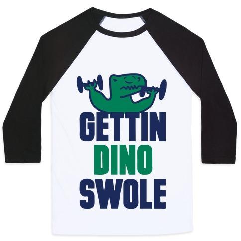 Virgin Teez  Baseball Tee Unisex Classic Baseball Tee / x-small / White/Black GETTIN' DINO SWOLE UNISEX CLASSIC BASEBALL TEE