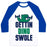 Virgin Teez  Baseball Tee Unisex Classic Baseball Tee / x-small / White/Blue GETTIN' DINO SWOLE UNISEX CLASSIC BASEBALL TEE