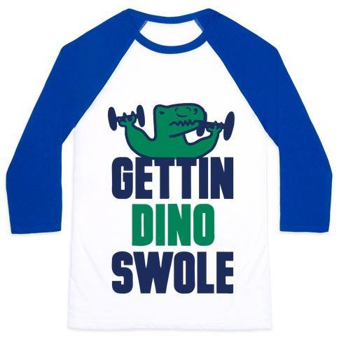 Virgin Teez  Baseball Tee Unisex Classic Baseball Tee / x-small / White/Blue GETTIN' DINO SWOLE UNISEX CLASSIC BASEBALL TEE