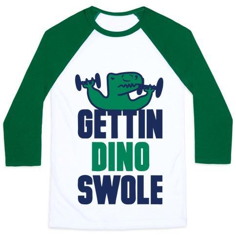 Virgin Teez  Baseball Tee Unisex Classic Baseball Tee / x-small / White/Dark Green GETTIN' DINO SWOLE UNISEX CLASSIC BASEBALL TEE