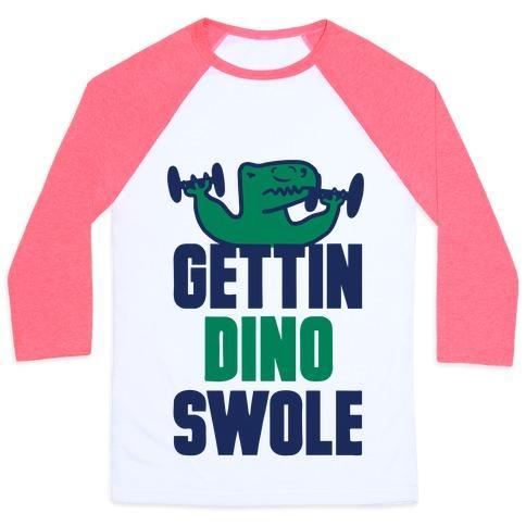 Virgin Teez  Baseball Tee Unisex Classic Baseball Tee / x-small / White/Neon Pink GETTIN' DINO SWOLE UNISEX CLASSIC BASEBALL TEE