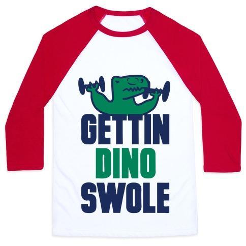 Virgin Teez  Baseball Tee Unisex Classic Baseball Tee / x-small / White/Red GETTIN' DINO SWOLE UNISEX CLASSIC BASEBALL TEE