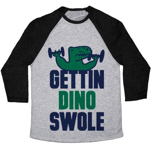 Virgin Teez  Baseball Tee Unisex Tri-Blend Baseball Tee / small / Athletic Gray / Black GETTIN' DINO SWOLE UNISEX TRI-BLEND BASEBALL TEE