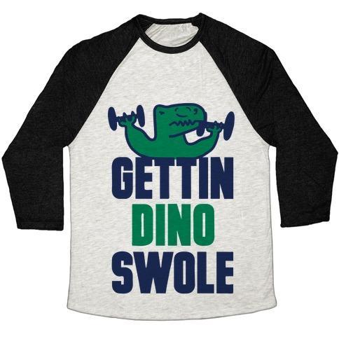 Virgin Teez  Baseball Tee Unisex Tri-Blend Baseball Tee / small / Oatmeal / Black GETTIN' DINO SWOLE UNISEX TRI-BLEND BASEBALL TEE