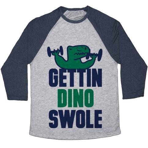 Virgin Teez  Baseball Tee Unisex Tri-Blend Baseball Tee / small / Athletic Gray / Navy GETTIN' DINO SWOLE UNISEX TRI-BLEND BASEBALL TEE