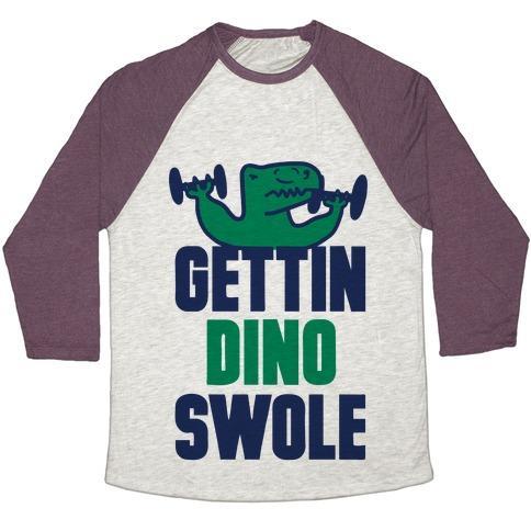 Virgin Teez  Baseball Tee Unisex Tri-Blend Baseball Tee / small / Oatmeal / Maroon GETTIN' DINO SWOLE UNISEX TRI-BLEND BASEBALL TEE