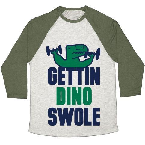 Virgin Teez  Baseball Tee Unisex Tri-Blend Baseball Tee / small / Oatmeal / Moss GETTIN' DINO SWOLE UNISEX TRI-BLEND BASEBALL TEE