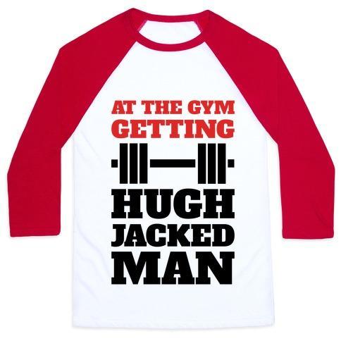 Virgin Teez  Baseball Tee Unisex Classic Baseball Tee / x-small / White/Red GETTIN' HUGH JACKED MAN UNISEX CLASSIC BASEBALL TEE