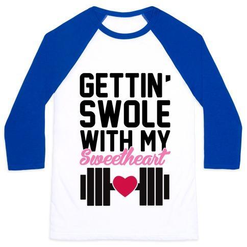 Virgin Teez  Baseball Tee Unisex Classic Baseball Tee / x-small / White/Blue GETTIN' SWOLE WITH MY SWEETHEART UNISEX CLASSIC BASEBALL TEE