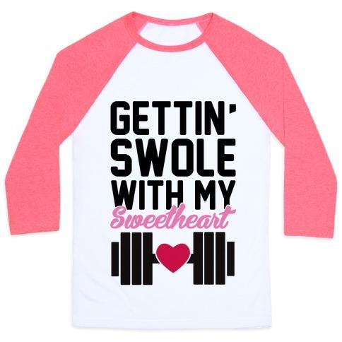 Virgin Teez  Baseball Tee Unisex Classic Baseball Tee / x-small / White/Neon Pink GETTIN' SWOLE WITH MY SWEETHEART UNISEX CLASSIC BASEBALL TEE
