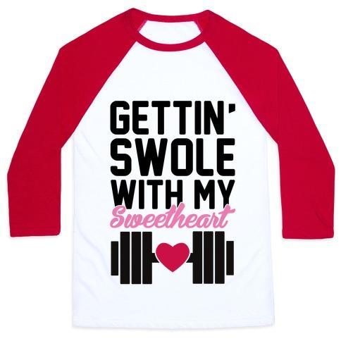 Virgin Teez  Baseball Tee Unisex Classic Baseball Tee / x-small / White/Red GETTIN' SWOLE WITH MY SWEETHEART UNISEX CLASSIC BASEBALL TEE