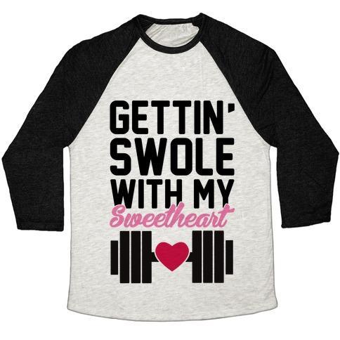 Virgin Teez  Baseball Tee Unisex Tri-Blend Baseball Tee / small / Oatmeal / Black GETTIN' SWOLE WITH MY SWEETHEART UNISEX TRI-BLEND BASEBALL TEE