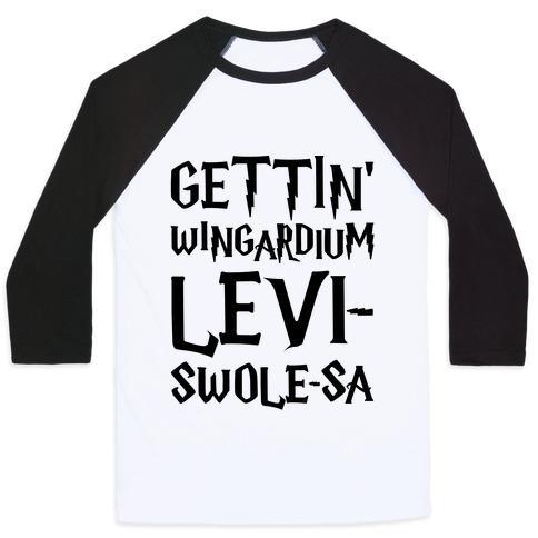 Virgin Teez  Baseball Tee Unisex Classic Baseball Tee / x-small / White/Black GETTIN' WINGARDIUM LEVI-SWOLE-SA PARODY UNISEX CLASSIC BASEBALL TEE