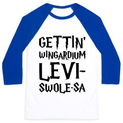 Virgin Teez  Baseball Tee Unisex Classic Baseball Tee / x-small / White/Blue GETTIN' WINGARDIUM LEVI-SWOLE-SA PARODY UNISEX CLASSIC BASEBALL TEE