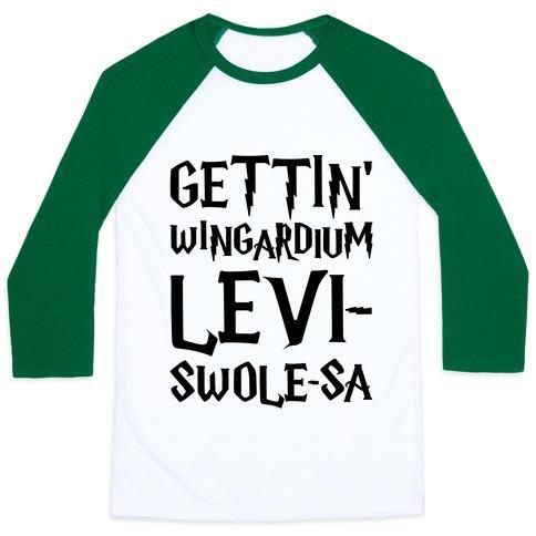 Virgin Teez  Baseball Tee Unisex Classic Baseball Tee / x-small / White/Dark Green GETTIN' WINGARDIUM LEVI-SWOLE-SA PARODY UNISEX CLASSIC BASEBALL TEE