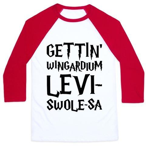 Virgin Teez  Baseball Tee Unisex Classic Baseball Tee / x-small / White/Red GETTIN' WINGARDIUM LEVI-SWOLE-SA PARODY UNISEX CLASSIC BASEBALL TEE