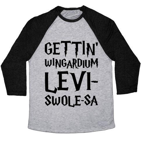 Virgin Teez  Baseball Tee Unisex Tri-Blend Baseball Tee / small / Athletic Gray / Black GETTIN' WINGARDIUM LEVI-SWOLE-SA PARODY UNISEX TRI-BLEND BASEBALL TEE