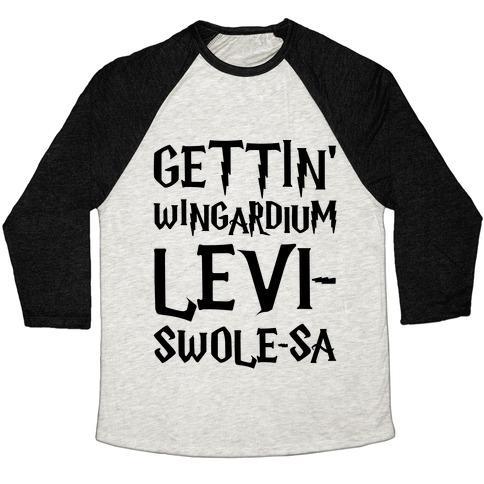Virgin Teez  Baseball Tee Unisex Tri-Blend Baseball Tee / small / Oatmeal / Black GETTIN' WINGARDIUM LEVI-SWOLE-SA PARODY UNISEX TRI-BLEND BASEBALL TEE