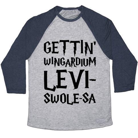Virgin Teez  Baseball Tee Unisex Tri-Blend Baseball Tee / small / Athletic Gray / Navy GETTIN' WINGARDIUM LEVI-SWOLE-SA PARODY UNISEX TRI-BLEND BASEBALL TEE