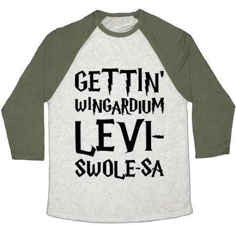 Virgin Teez  Baseball Tee Unisex Tri-Blend Baseball Tee / small / Oatmeal / Moss GETTIN' WINGARDIUM LEVI-SWOLE-SA PARODY UNISEX TRI-BLEND BASEBALL TEE