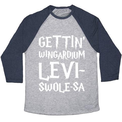 Virgin Teez  Baseball Tee Unisex Tri-Blend Baseball Tee / small / Athletic Gray / Navy GETTIN' WINGARDIUM LEVI-SWOLE-SA PARODY WHITE PRINT UNISEX TRI-BLEND BASEBALL TEE