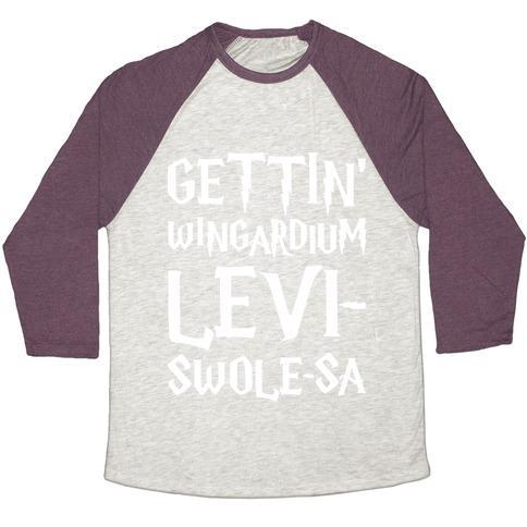 Virgin Teez  Baseball Tee Unisex Tri-Blend Baseball Tee / small / Oatmeal / Maroon GETTIN' WINGARDIUM LEVI-SWOLE-SA PARODY WHITE PRINT UNISEX TRI-BLEND BASEBALL TEE