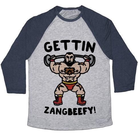 Virgin Teez  Baseball Tee Unisex Tri-Blend Baseball Tee / small / Athletic Gray / Navy GETTIN ZANGBEEFY PARODY UNISEX TRI-BLEND BASEBALL TEE