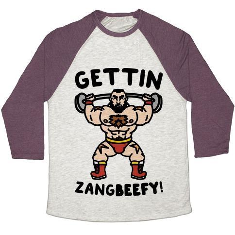 Virgin Teez  Baseball Tee Unisex Tri-Blend Baseball Tee / small / Oatmeal / Maroon GETTIN ZANGBEEFY PARODY UNISEX TRI-BLEND BASEBALL TEE
