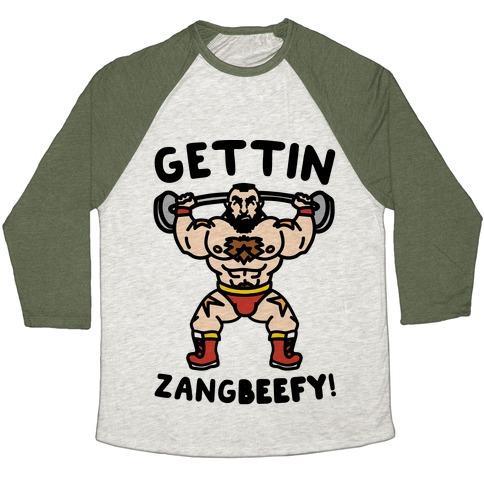 Virgin Teez  Baseball Tee Unisex Tri-Blend Baseball Tee / small / Oatmeal / Moss GETTIN ZANGBEEFY PARODY UNISEX TRI-BLEND BASEBALL TEE