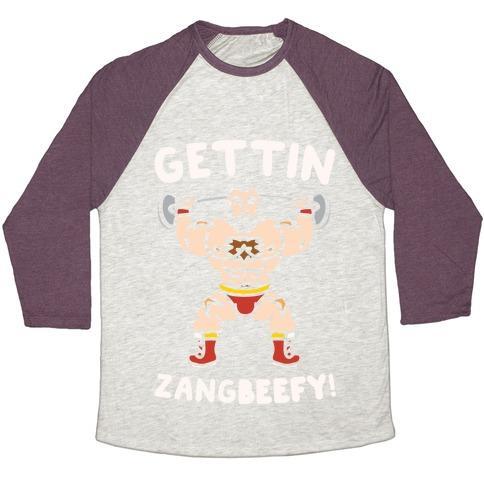 Virgin Teez  Baseball Tee Unisex Tri-Blend Baseball Tee / small / Oatmeal / Maroon GETTIN ZANGBEEFY PARODY WHITE PRINT UNISEX TRI-BLEND BASEBALL TEE