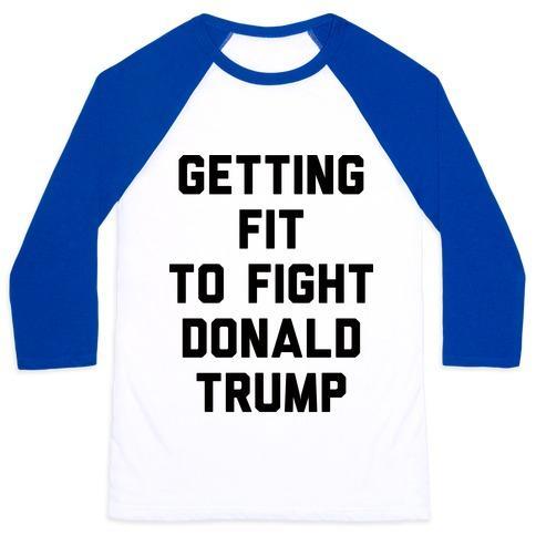 Virgin Teez  Baseball Tee Unisex Classic Baseball Tee / x-small / White/Blue GETTING FIT TO FIGHT DONALD TRUMP UNISEX CLASSIC BASEBALL TEE