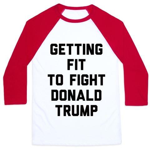 Virgin Teez  Baseball Tee Unisex Classic Baseball Tee / x-small / White/Red GETTING FIT TO FIGHT DONALD TRUMP UNISEX CLASSIC BASEBALL TEE