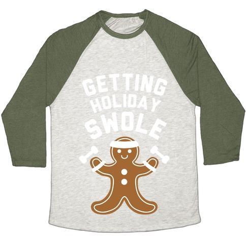 Virgin Teez  Baseball Tee Unisex Tri-Blend Baseball Tee / small / Oatmeal / Moss GETTING HOLIDAY SWOLE UNISEX TRI-BLEND BASEBALL TEE