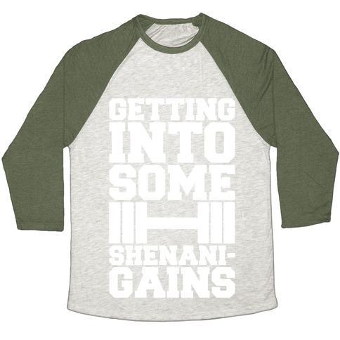 Virgin Teez  Baseball Tee Unisex Tri-Blend Baseball Tee / small / Oatmeal / Moss GETTING INTO SOME SHENANIGAINS WHITE PRINT UNISEX TRI-BLEND BASEBALL TEE