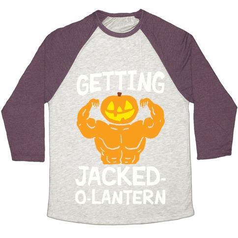 Virgin Teez  Baseball Tee Unisex Tri-Blend Baseball Tee / small / Oatmeal / Maroon GETTING JACKED-O-LANTERN UNISEX TRI-BLEND BASEBALL TEE