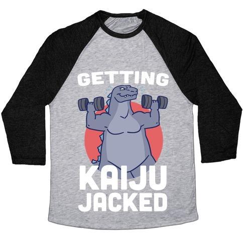Virgin Teez  Baseball Tee Unisex Tri-Blend Baseball Tee / small / Athletic Gray / Black GETTING KAIJU-JACKED UNISEX TRI-BLEND BASEBALL TEE