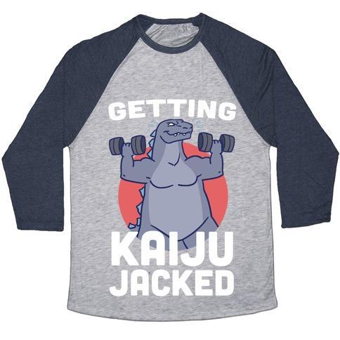Virgin Teez  Baseball Tee Unisex Tri-Blend Baseball Tee / small / Athletic Gray / Navy GETTING KAIJU-JACKED UNISEX TRI-BLEND BASEBALL TEE