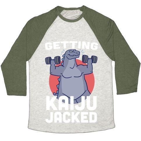 Virgin Teez  Baseball Tee Unisex Tri-Blend Baseball Tee / small / Oatmeal / Moss GETTING KAIJU-JACKED UNISEX TRI-BLEND BASEBALL TEE